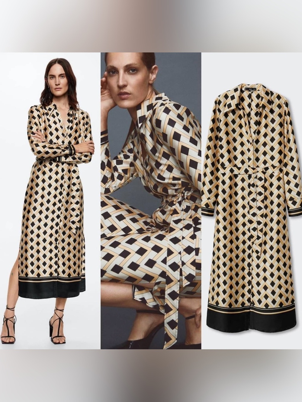 Mango Geometric Print Tie-Waist Maxi Dress NWOT